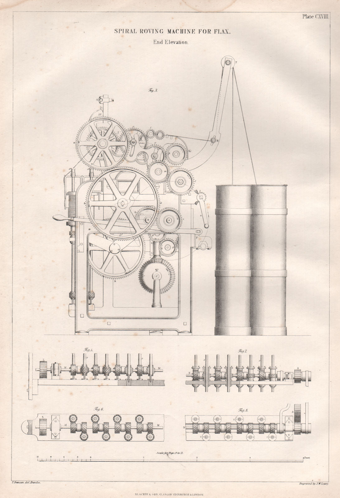 VICTORIAN ENGINEERING DRAWING. Spiral roving machine for flax end elevation 1847